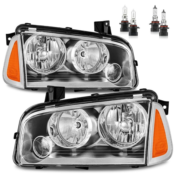 ROADEAL Headlights W/Bulbs for 2006-2010 Dodge Charger with Corner Singal