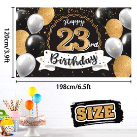 Nelbiirth Happy 23rd Birthday Decorations, 23rd Globo Negro y Dorado Grande Cumpleaños Banner Telón de Fondo – Saludos a 23 Años Decoración de Fiesta de Cumpleaños