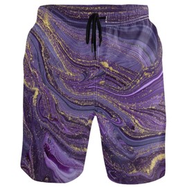 visesunny Men's Beach Short Swim Trunks Purple Marble with Golden Veins Sports Running Bathing Suits with Mesh Lining