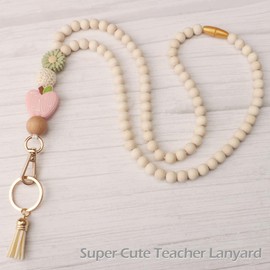 Teacher Lanyard with ID Holder, Fashion Wood Beaded Lanyard for Keys, Super Cute Boho Breakaway Lanyard for Women