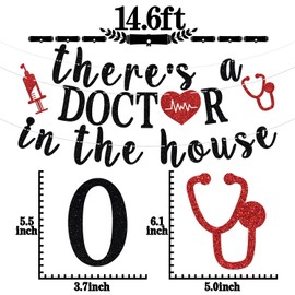 Banner de "There a Doctor in the House" - Letrero de sobrevivientes de la escuela de medicina con felicidades, suministros de decoración de fiesta de graduación de PHD, purpurina negra