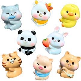 WATASHINO Animal Figurine Miniature Decoration Cat Dog Panda Chick Rabbit Tiger Pig Cow 8-Piece Set