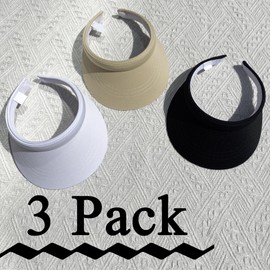 Ydocqli 3 Pack Sports Visors Women Men Adjustable Wide Brim Visors Hat Summer Outdoor Ponytail Hat Running Golf Beach Caps (Black, Khaki, White)