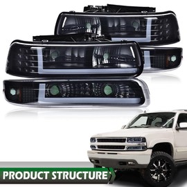 GRAND ORANGE Headlight Assembly Compatible with 1999-2002 Chevy Silverado 1500 2500/Fit for 00-06 Suburban 1500 2500 Tahoe Headlight Lights Driver & Passenger Side Smoky lens Black Housing