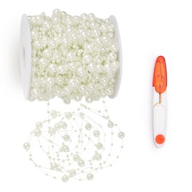 Adorfine Pearl Garland Beige 30 m, Pearl Ribbon Pearl Necklace Decoration with Scissors for DIY Crafts Pearl Garland Wedding, Bridal Bouquet, Table Decoration, Party Decoration