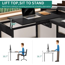 DWVO L Shaped Desk with Lift Top, 65" Adjustable Standing Desk with File Drawer, Corner Computer Desk with Storage Shelves,Home Office Desk, Light Grey