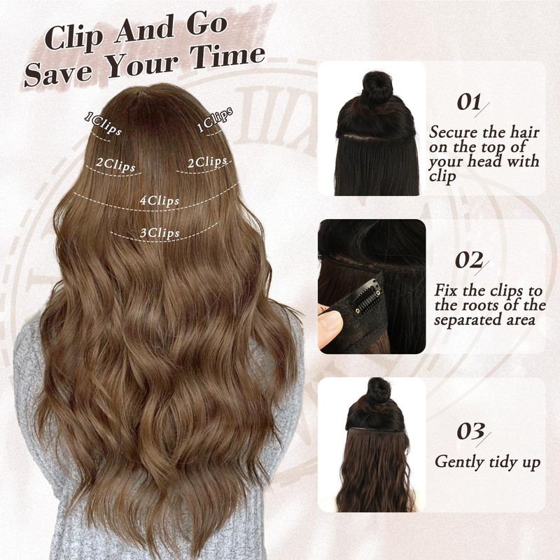 BARSDAR Clip-In Extensions for Women, 50 cm Brown Wavy Clip-In