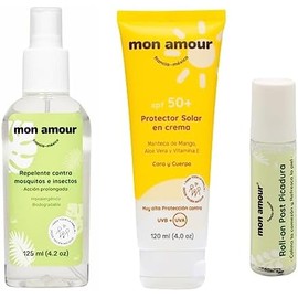 Set Protección Total Incluye Bloqueador solar 120ml, Repelente para mosquitos 125 ml y Roll-On Alivio Post Picadura de Insectos Mon Amour