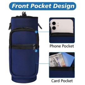 AceTreker 32 oz 40 oz Water Bottle Holder with Strap, Sport Water Bottle Sleeve with 2 Pockets, Neoprene Metal Thermo Bottle Sling Bag for Walking, Hiking, Camping-Navy