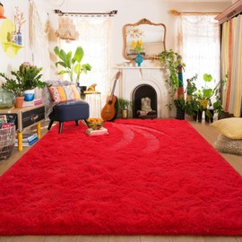 Amearea Premium Soft Fluffy Rug Modern Shag Carpet, 5.3x7.5 Feet, Fuzzy Plush Rugs for Living Room Bedroom Kids Room Home Decor, Nursery Non Slip Indoor Shaggy Carpets, Red