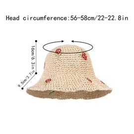 Meliyya Women's Straw Hat Foldable Adjustable Summer Straw Sun Hat Flowers Beach Hat Wide Brim Summer Hat, E-Strawberry Beige