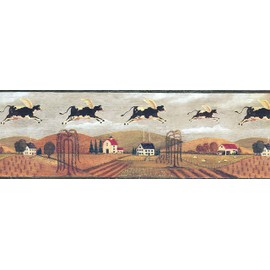 CONCORD WALLCOVERINGS ™ Wallpaper Border Country Pattern Village Fields Houses Flying Cows for Living Room Cottage, Green Brown Black Yellow Beige, 8 Inches by 15 Feet GG54111B