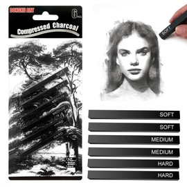 6 Pack Square Compressed Charcoal Pencils for Artists - Soft/Medium/Hard (2 Each) - Professional Sketching & Shading Sticks for Drawing, Charcoal Art, DIY Crafts - Ideal for Beginners & Professionals