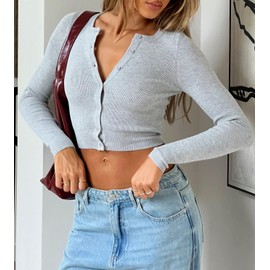 Giraropa Women's 2024 Cropped Cardigan Long Sleeve Button Down Lightweight Shrug Ribbed Knit Sweater Tops(Gray,Small)