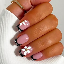 French Tip Press On Nails - 24Pcs Short Square False Nails - Pink Nails with Black French & 3d Flower Design - Full Cover Acrylic Fake Nails with Glue - Stick on Nails for Women Long Lasting