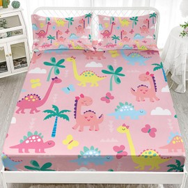 Axolotl Cute Dinosaur Sheets Twin Size,Dinosaurs Sheet Set Girls Sheets,Dinosaur Bedding Set Dinosaur Fitted Sheets for Kids Girls Teens Dinosaur Lovers,1 Flat Sheet 1 Fitted Sheet 2 Pillowcases,Pink