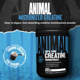 Animal Creatine Monohydrate Powder - Micronized Creatine for Women and Men, Supports Muscle Growth, Strength, Endurance, Recovery and ATP Production, Gym & Workout Supplements - Unflavored, 1kg