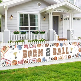 Funmemoir Sport 2nd Birthday Decorations - Born 2 Ball Yard Banner, Born Two Ball Birthday Party Decorations for Boy, Basketball Baseball Soccer Rugby Football Birthday Party Banner