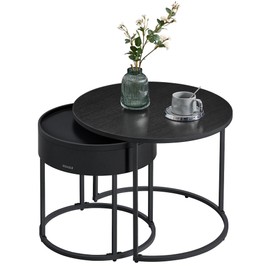 VASAGLE Round Coffee Tables, Set of 2 Nesting Tables, Modern Round Side Tables with Hidden Storage and Top Tray, for Living Room, Bedroom, Office, Ebony Black and Ink Black ULCT044B56