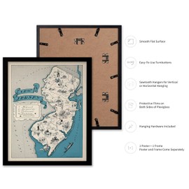 Poster Master Vintage Map Poster - Retro New Jersey Map Print - New Jersey State Map Art - Gift for Teacher, Student, Travel Lover - Decoration for Classroom, Office, Dorm, 16x20 Black Framed