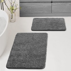 Bathroom Rugs Sets 2 Piece,Extra Soft Microfiber Bath Mats Set,Non-Slip Bath Carpet,Absorbant Bathroom Rug Set, Shaggy Bath Floor Mats for Bathroom, Machine Washable (20" x 32" Plus 16" x 24", Grey)