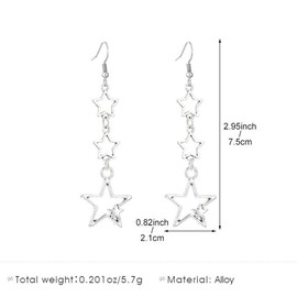 Boho Silver Star Drop Dangly Earrings for Women, Statement Retro Star Long Tassel Dangle Hook Earrings Cute Costume Accessories Aesthetic Jewelry Gift (Silver 3)