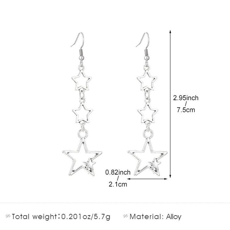 Boho Silver Star Drop Dangly Earrings for Women, Statement Retro