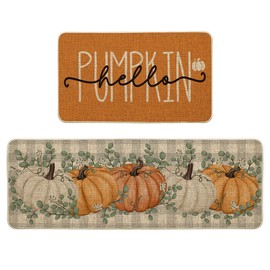 Artoid Mode Orange Buffalo Plaid Hello Pumpkin Eucalyptus Fall Kitchen Mats Set of 2, Home Decor Low-Profile Kitchen Rugs for Floor - 17x29 and 17x47 Inch