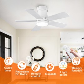 Ceiling Fans with Lights, 30 inch Low Profile Ceiling fan with Light and Remote, Flush Mount, 6 Speeds, Reversible DC Motor,5 Blades, Noiseless, White Small Ceiling Fan for Bedroom, Indoor/Outdoor