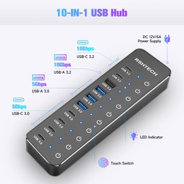 RSHTECH 10 Ports Powered USB 3.2/USB C Hub Splitter 60W with 3 x 10Gbps USB 3.2 Ports (2C + 1A),7 x USB 3.0 Ports (4C +3A), 3.3ft Cable and Individual Touch Switches for Laptop PC