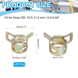 PATIKIL Spring Band Hose Clamps for 10.5-11.2mm OD Hose, 20 Pack Silicone Vacuum Constant Tension Band Clips for Fuel Line Silicone Air Hose Tube Water Pipe, Gold