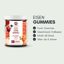 Iron Gummy Bears for Children from 4 Years - Dietary Supplement with Iron and Vitamin C - 60 Vegan Children Iron Gummies with Strawberry Flavour