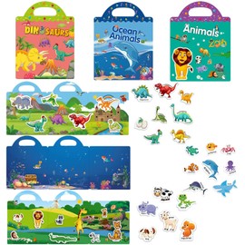 Libros de Calcomanías Reutilizables,3 Juegos de Calcomanías Reutilizables para Niños de 2 a 6 Años,Adhesivas Portátiles para Educación,Calcomanía Estáticas de 3 Temas(dinosaurios+animales+océano)