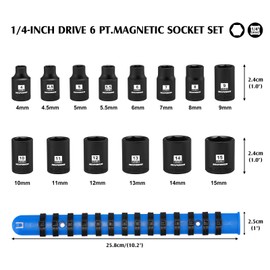 MIXPOWER 1/4" Drive Shallow Magnetic Impact Socket Set with Storage Rails, 14-Piece, 6 Point, 4-15mm, Metric, CR-MO