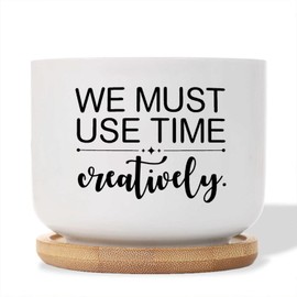 DecStic We Must Use Time Creatively Planters Ceramic Bible Verse Round Flower Pot with Drainage Holes and Bamboo Tray Pot for Indoor Outdoor Garden