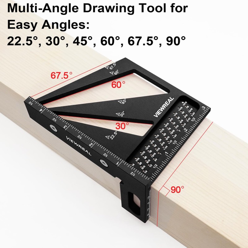 ViewReal Multi-Angle Measuring Ruler,3D Woodworking Square, 22.5-90 Degree Aluminum Alloy