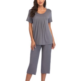 COLORFULLEAF Womens Pajama Sets Summer Pjs Lounge Sets for Women Soft Sleepwear Top and Capri Pants with Pockets (Deep Grey, XL)