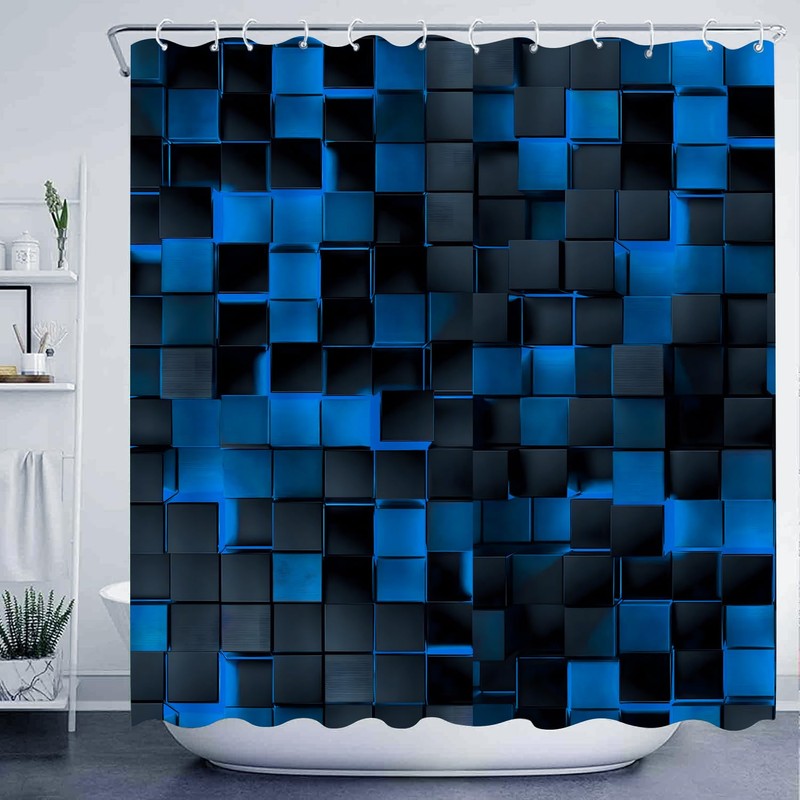 NBVKO 3D Cubes Shower Curtain，Blue Black Shower Curtains for Bathroom，Modern