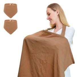 TATAVR Muslin Nursing Cover for Breastfeeding, Breathable 100% Cotton Privacy Nursing Covers with Rigid Hoop for Mother Nursing Apron, Include Two Baby Bibs, Soft Arch Neckline Nursing Apron