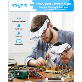 eSynic Comfort Fit Head Magnifier 1.5X-14.5X with LED Light & 5 Lenses USB C Rechargeable Headband Magnifying Glass Ergonomic Magnifying Headset Lamp for Reading Crafts Jewelry Repair