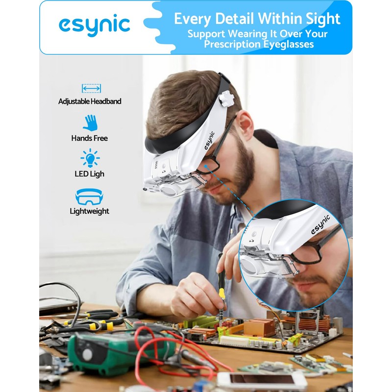 eSynic Comfort Fit Head Magnifier 1.5X-14.5X with LED Light &