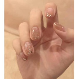 Vatocu Square Shiny Artificial Nails, French Pink Nails for Sticking, Short Sparkle False Nails, Gold Foil, Nude Acrylic Stick on Nails for Women and Girls (Pack of 24)