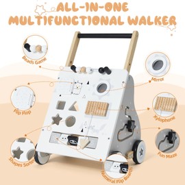 PTINFLUCE Wooden Baby Walker, Baby Push Walker with Wheel, Push and Pull Toys Learning to Walk, Montessori Walker Toy for Kids Development, Adjustable Speed and Height