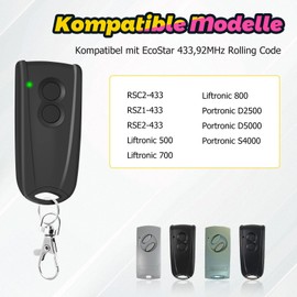 Replacement Remote Control for EcoStar RSC2 433, Garage Door Opener, Remote Control 433.92 MHz, 4 Channels, Compatible with Hormann EcoStar Liftronic 500/700/800, Portronic D2500/D5000/S4000, Pack of