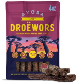 Ayoba Spicy Droewors Grass Fed Beef Paleo Sticks (4 Ounce, Pack of 1) - Keto Friendly, Air-Dried Beef Protein Snacks - Low Carb, Gluten Free, Nitrate Free, No Sugar, Meat Snacks