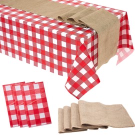 Oudain 6 Pcs Buffalo Check Table Runner 3 Red and White Checkered Tablecloth with 3 Burlap Table Runner Waterproof Picnic Table Cloth Gingham Buffalo Plaid Table Cover for Christmas Parties