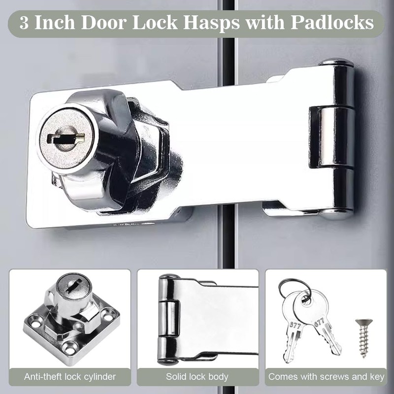 TOP-VIGOR 3 Inch Keyed Hasp Lock and Staple with Padlock,