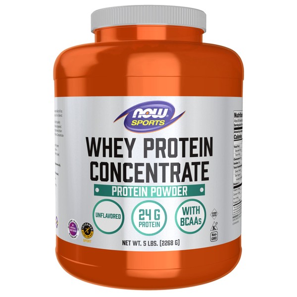 NOW Sports Nutrition, Whey Protein Concentrate, 24 G With BCAAs, Unflavored Powder, 5-Pound