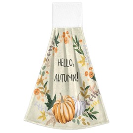 Hello Fall Autumn Pumpkin Wreath Kitchen Hand Towel Home Decorative Hanging Tie Towels 2PCS Super Soft Absorbent WashCloth Tie Towels for Home Bathroom Farmhouse Housewarming Tabletop, 12x17Inches