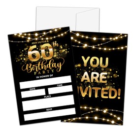 Qinkel 60th Birthday Invitations, Birthday Party Invitations For Women Men, 60 Year Old Birthday Invites, Black Gold Birthday Party Decorations Favors, 20 Invitations with 20 Envelopes - C04